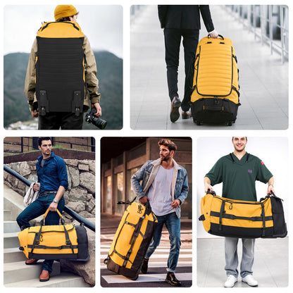 Vrtisa 85L 29“ Foldable Rolling Backpack with Wheels, Soft-side Travel Duffle Bag with Separate Shoe Compartment, Full Quilted Bottom, Yellow