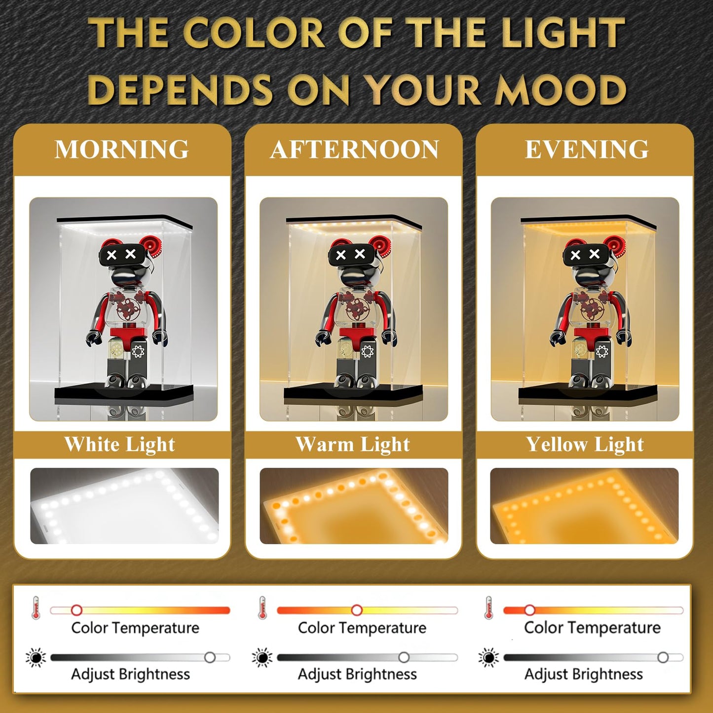 LANSCOERY Acrylic Display Case with Light, 9.8x9.8x13.8 in LED Display Case with 15mm Raised Base, 3mm Clear Panels, 3-Color Dimmable Lighting for Collectibles and Action Figures