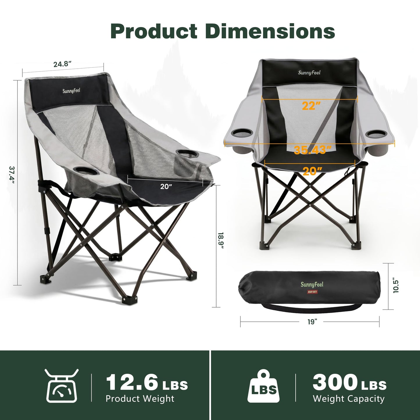 SUNNYFEEL 2 Pack Lightweight Oversized Camping Chairs for Adults Portable Folding Chair with Side Pockets & Cup Holde for Beach,Fishing,Trip,Picnic,Lawn,Concert Outdoor, Carry Bag Included