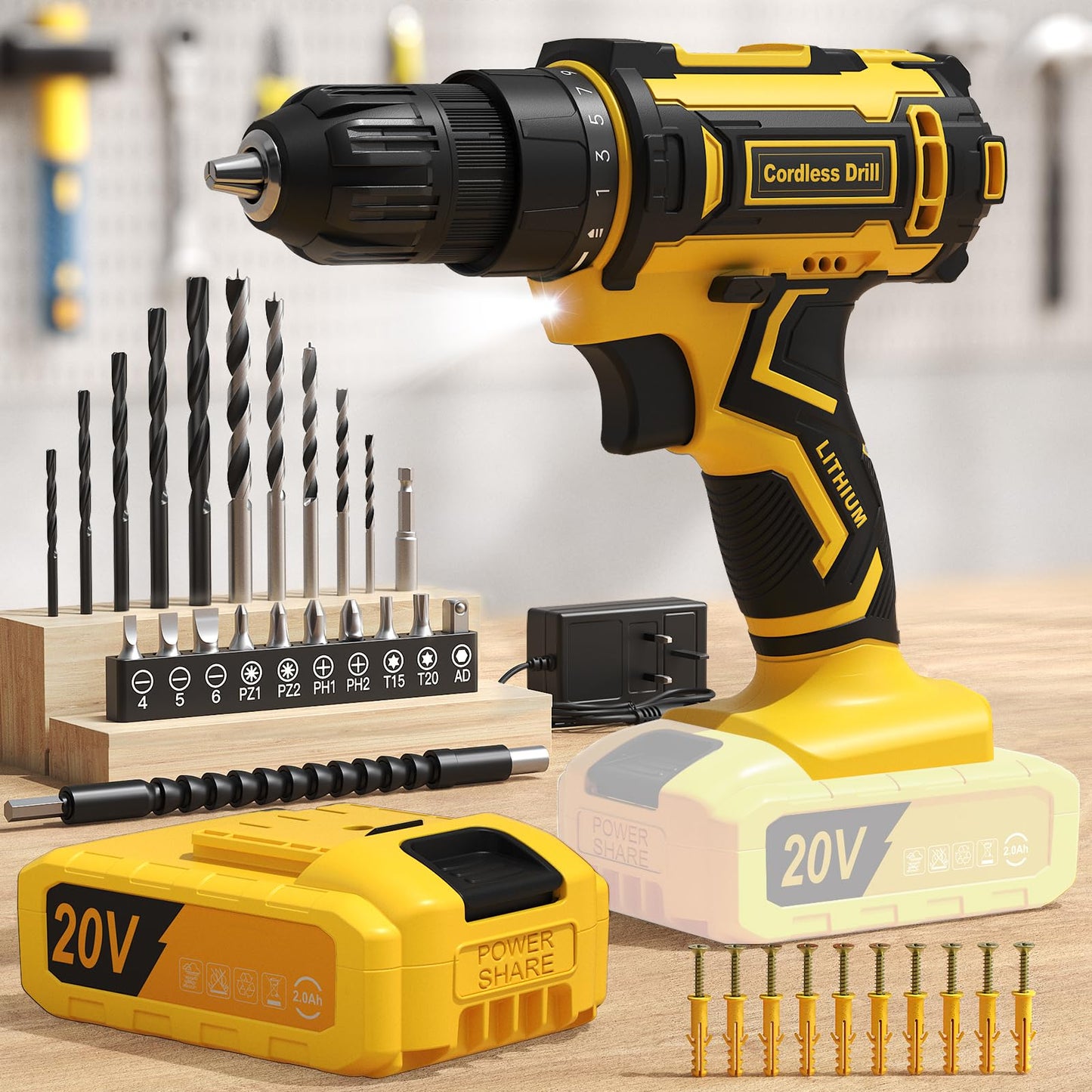 FAHEFANA Cordless Drill, 20V Power Drill with 25+1 Max 370 in-lb Torque, Electric Screwdriver Driver with Battery and Charger, 3/8" Keyless Chuck, 2000mAh Batteries Electric, 42Pcs Bits