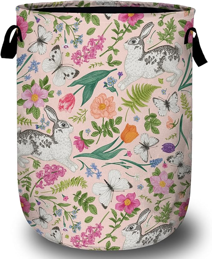 Bunny Rabbit Laundry Basket, Foldable Rabbit Flower Laundry Hamper Tote Bag
