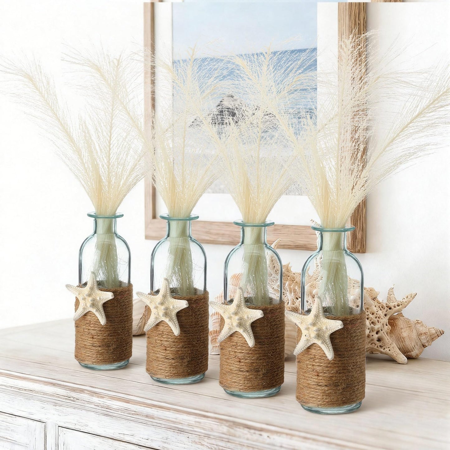 Vicenpal Set of 4 Blue Bud Glass Vase Coastal Starfish Small Flower Vase with Artificial Reeds Boho Rope Beach Decorative Table Centerpiece for Coastal Nautical Wedding Floral Room Decor