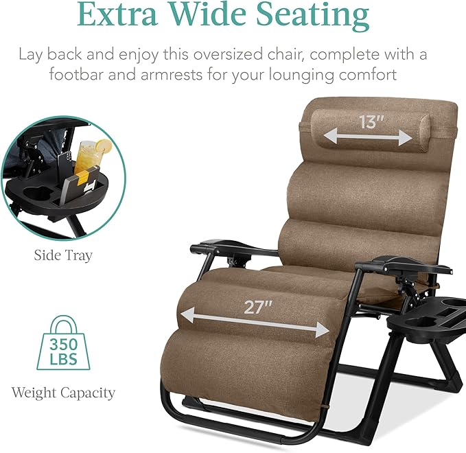 Best Choice Products Oversized Zero Gravity Chair, Folding Outdoor Patio Recliner, XL Anti Gravity Lounger w/Removable Cushion, Cup Holder, Side Tray, 350lb Capacity - Taupe