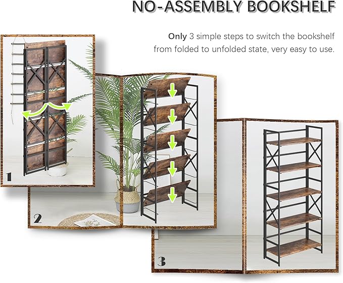 4NM 5 Tiers No Assembly Book Shelves, 51.2" H Folding Bookshelf Bookcase Open