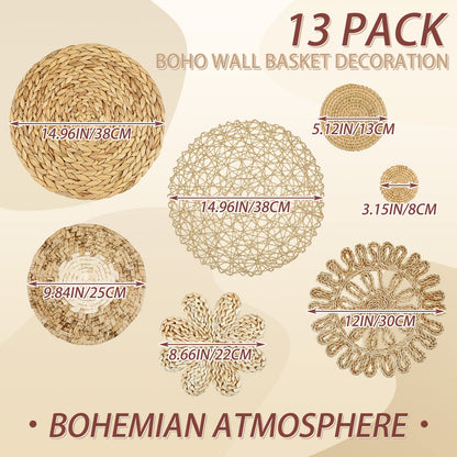 Glenmal Set of 13 Boho Wall Basket Decor Woven Rattan Flat Baskets Handmade Boho Wicker Bamboo Seagrass Wall Hanging Decor for Bedroom Living Room Dining Room Office Ready to Hang(Plain)