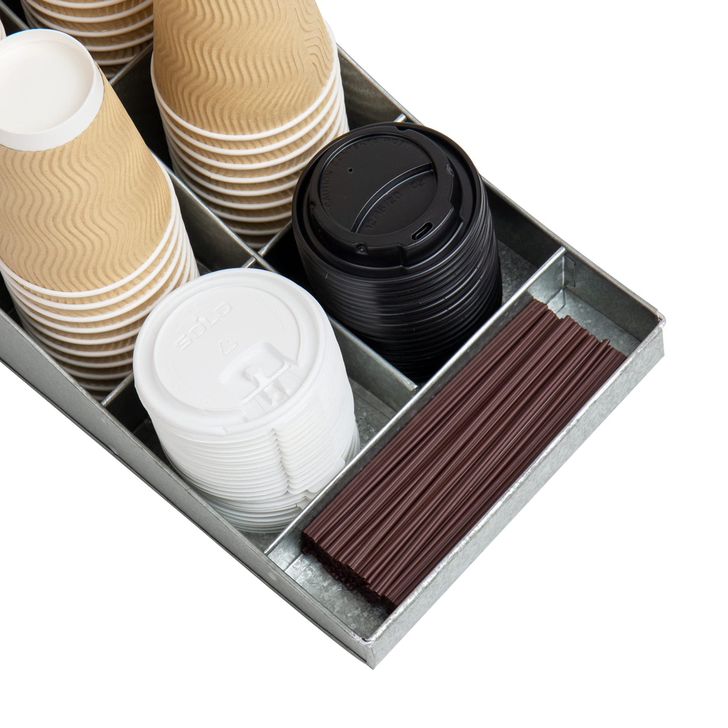 Mind Reader Cup and Condiment Station, Countertop Organizer, Coffee Bar, Galvanized Metal, 8.5"L x 14.5"W x 5.25"H, Silver