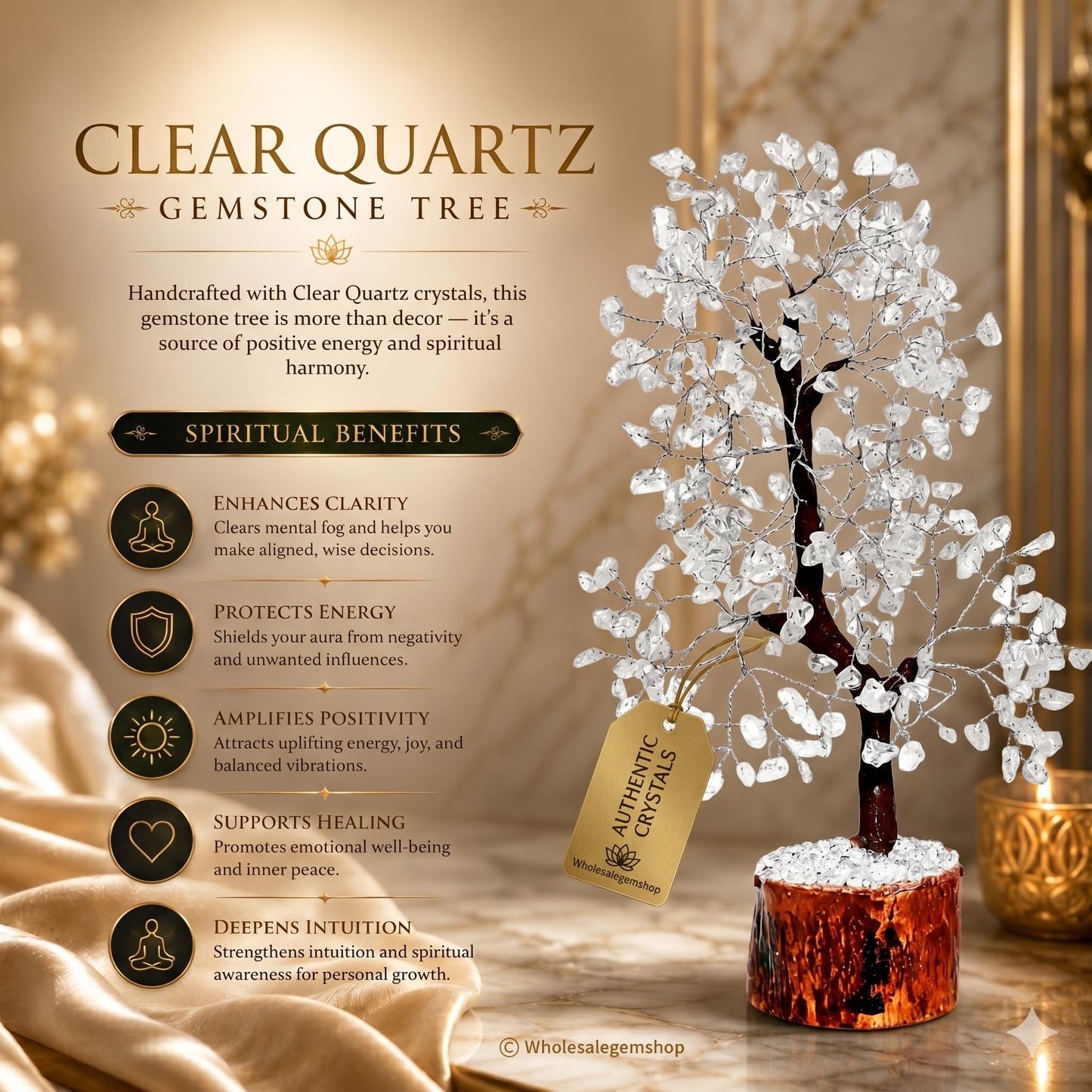 Gemscite Gemstone Clear Quartz Tree Size 10-12" Handmade Feng Shui Figurine Money Bonsai Good Luck Healing Crystals - Silver Wire Balancing Decoration Table Room Decor Gift