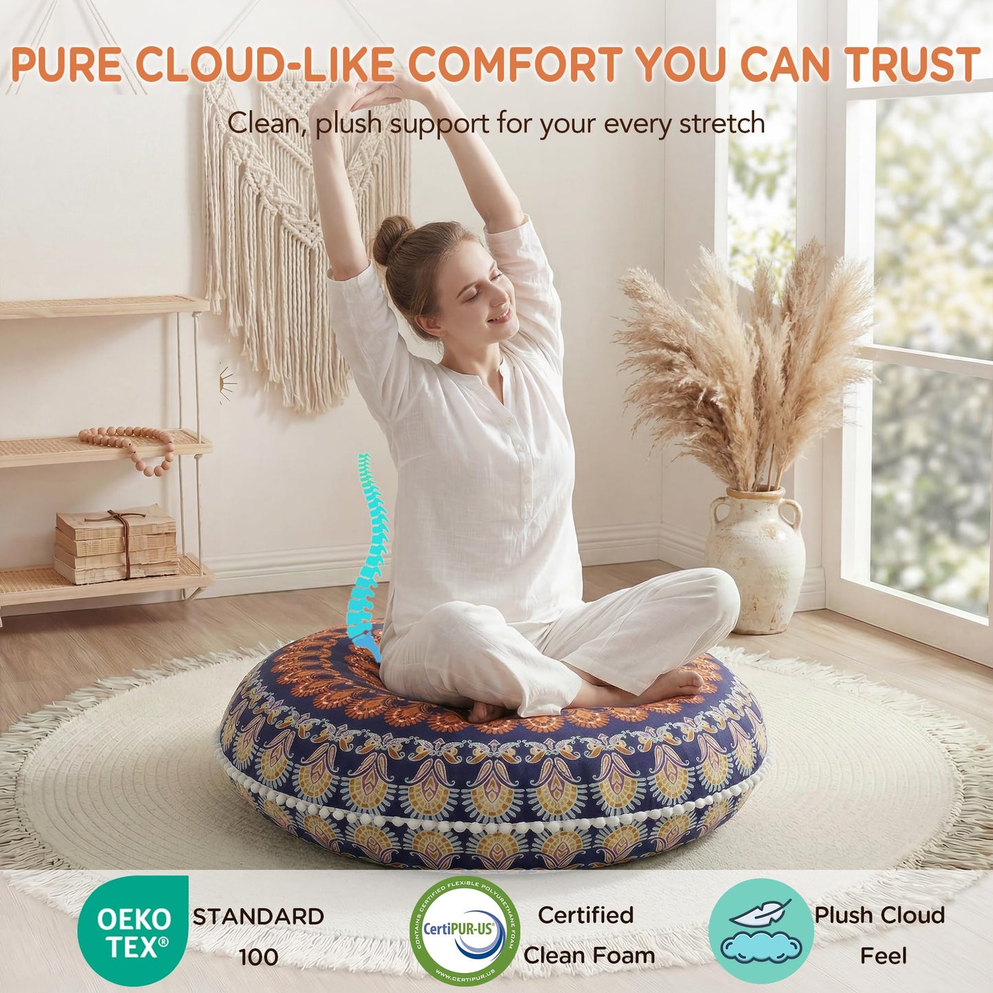 Codi Floor Pillows for Sitting Set of 2, Large Meditation Cushions for Adults with Memory Foam, Bohemian Mandala Round Seating for Outdoor Yoga and Living Room, Washable, 32 Inch, Yellow