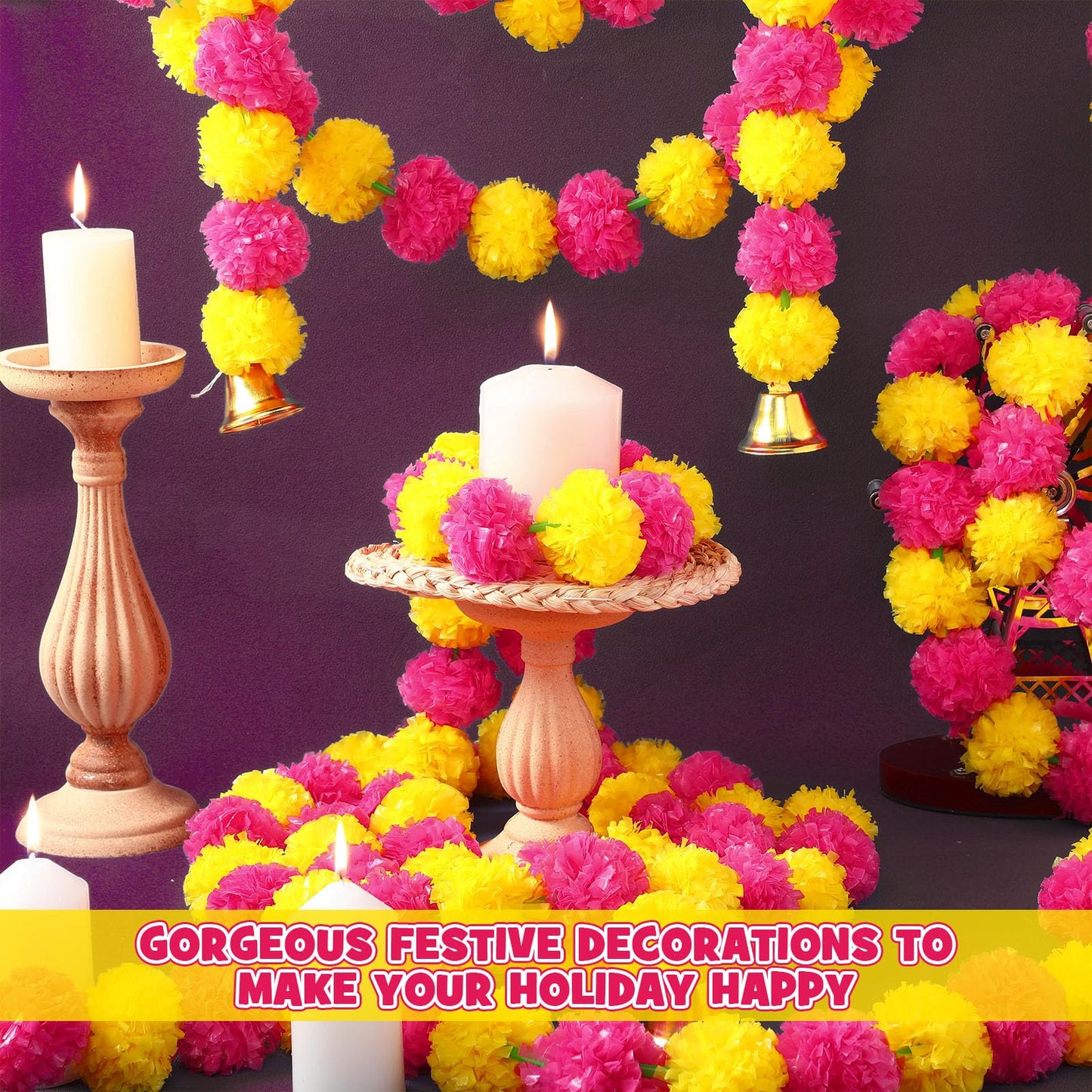 Riceshoot 10 Pcs Marigold Garland for Decoration Diwali Decor 5 Ft Long Artificial Marigold Flowers with Golden Bell Indian Garland for Pooja Wedding Events Day of the Dead Decor (Yellow and Purple)