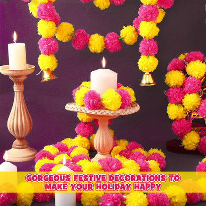 Riceshoot 10 Pcs Marigold Garland for Decoration Diwali Decor 5 Ft Long Artificial Marigold Flowers with Golden Bell Indian Garland for Pooja Wedding Events Day of the Dead Decor (Yellow and Purple)