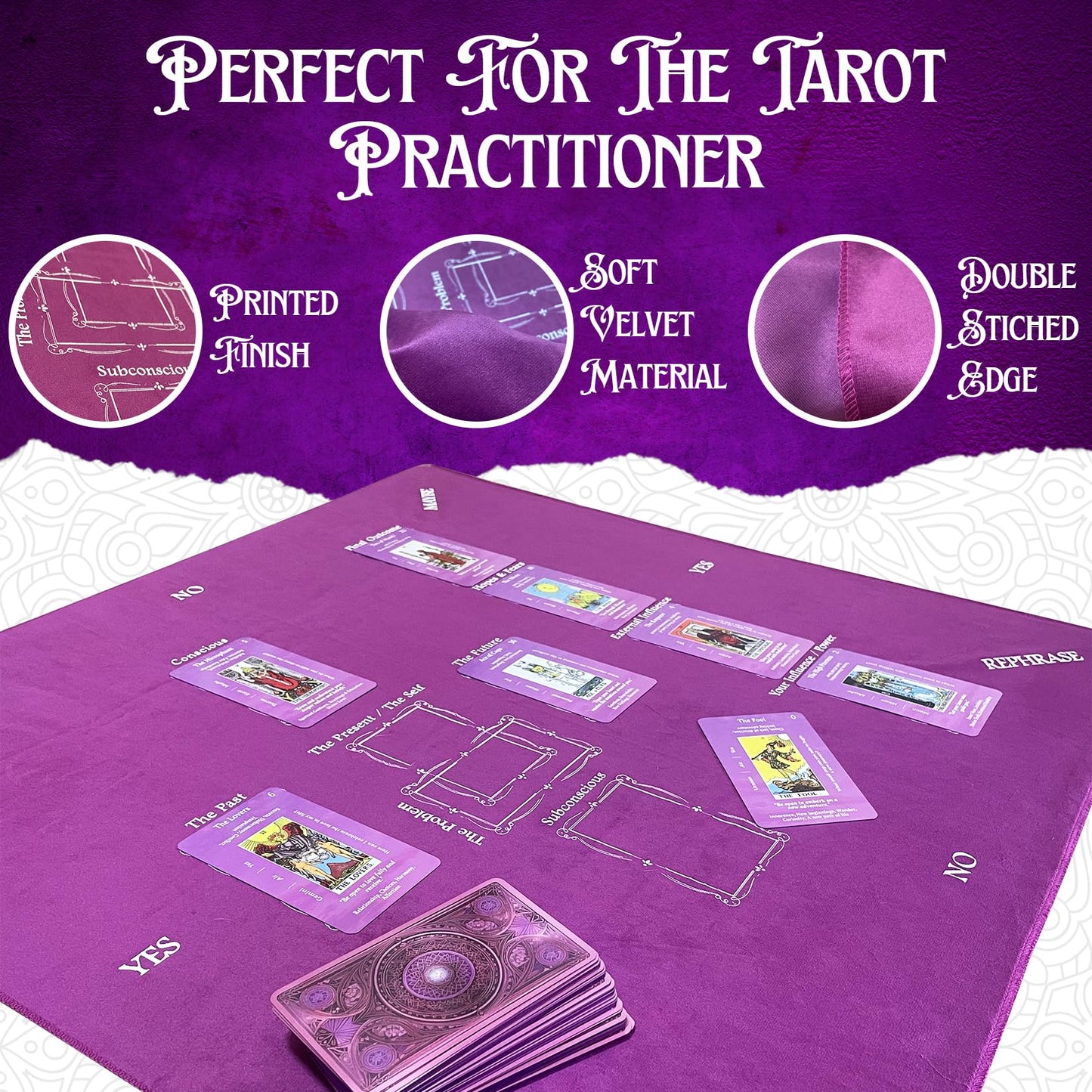 Purple Velvet Tarot Cloth for Reading 27x27 - Tarot Mat with Celtic Cross Spread Guide, Pendulum Mat & Divination Altar Tablecloth, Witchcraft & Crystal Ritual Pouch Included