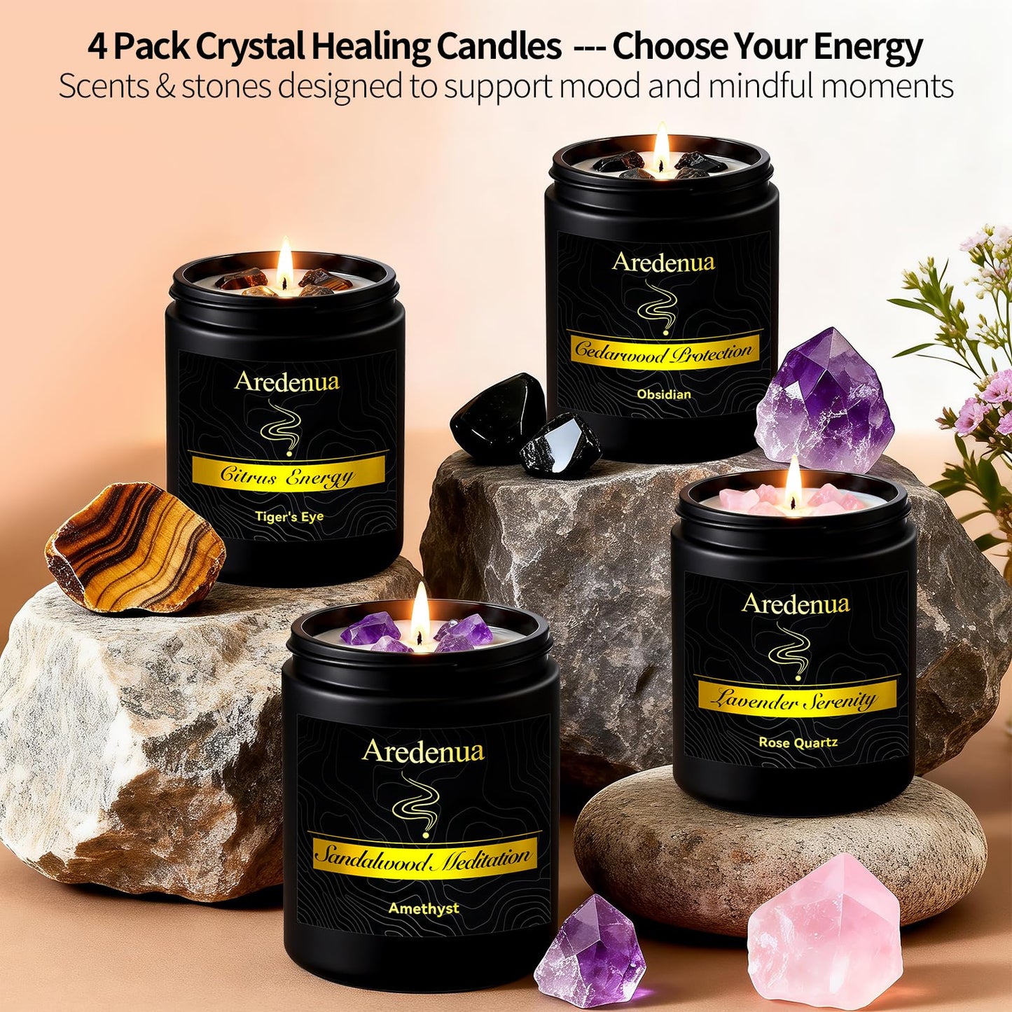 Aredenua Candle for Meditation and Spiritual Practice - Sandalwood Aromatherapy Candle with Amethyst Healing Crystal, Natural Soy Wax Scented Candle for Yoga Mindfulness, 7oz Long Lasting, Zen Gift