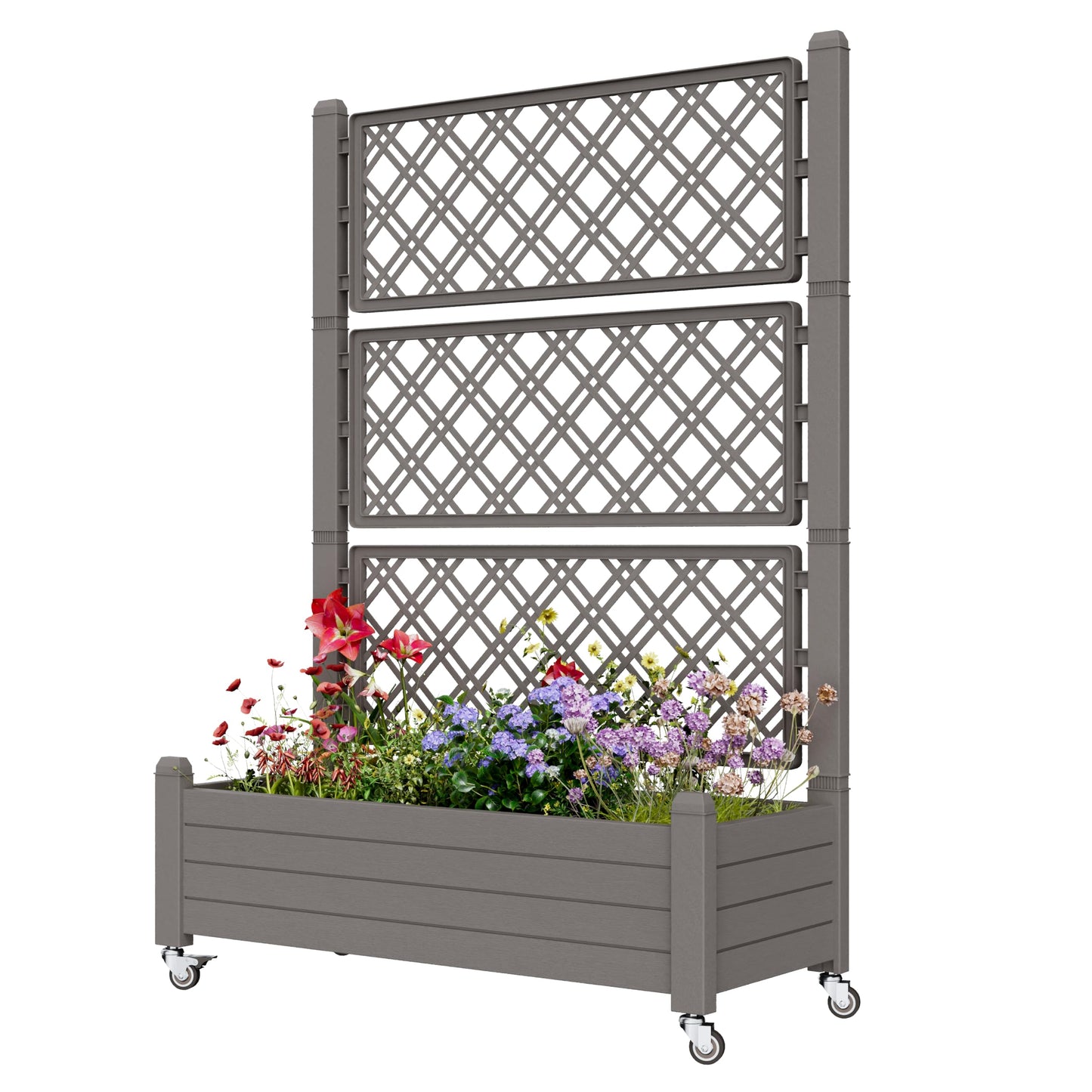 WTFGO Resin Raised Garden Bed with Trellis and Wheels - Plasitc Planter Box with Trellis Outdoor with Drainage Holes & Water Monitor for Climbing Plants, Flower, Gray(61.2" H)