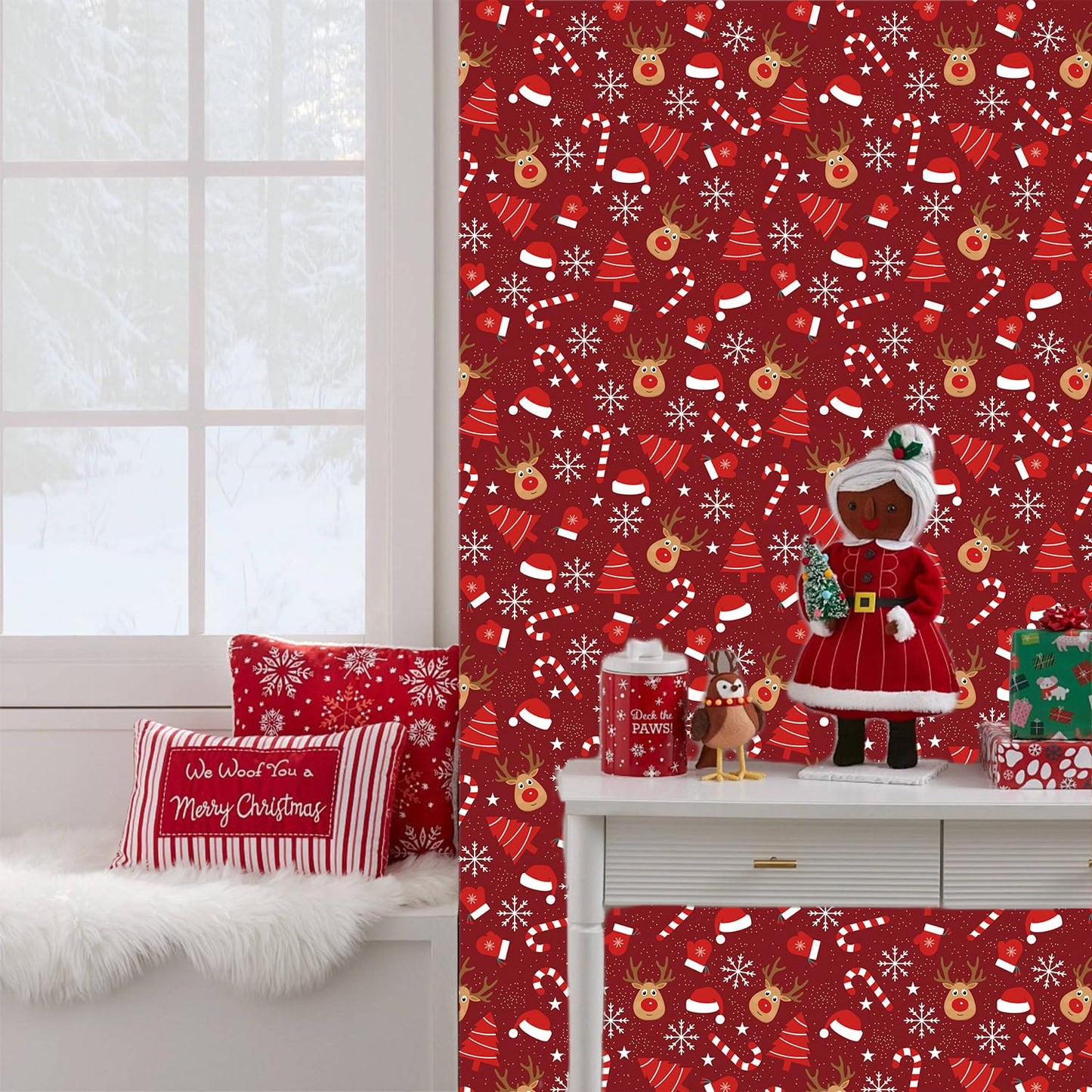 IARTTOP Merry Christmas Wallpaper Peel and Stick Snowflake Contact Paper for Cabinets and Drawers Christmas Reindeer Wallpaper Xmas Candy Canes Decals for Winter Holiday Home Party Decor(17.3"X118.1")