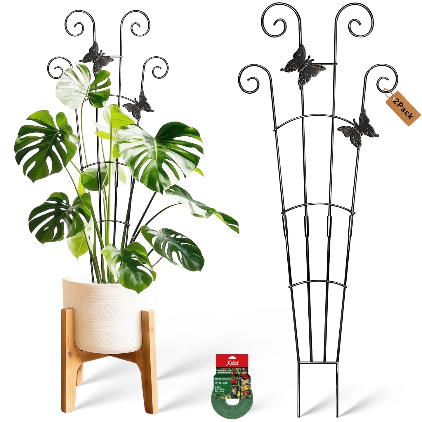 Xeeol 30'' Larger Plant Trellis with Ties Indoor, Expandable Metal Trellis for Climbing Plants Indoor, House Plant Climbing Support for Flowers Vine Ivy Monstera Hoya Pothos, 2P