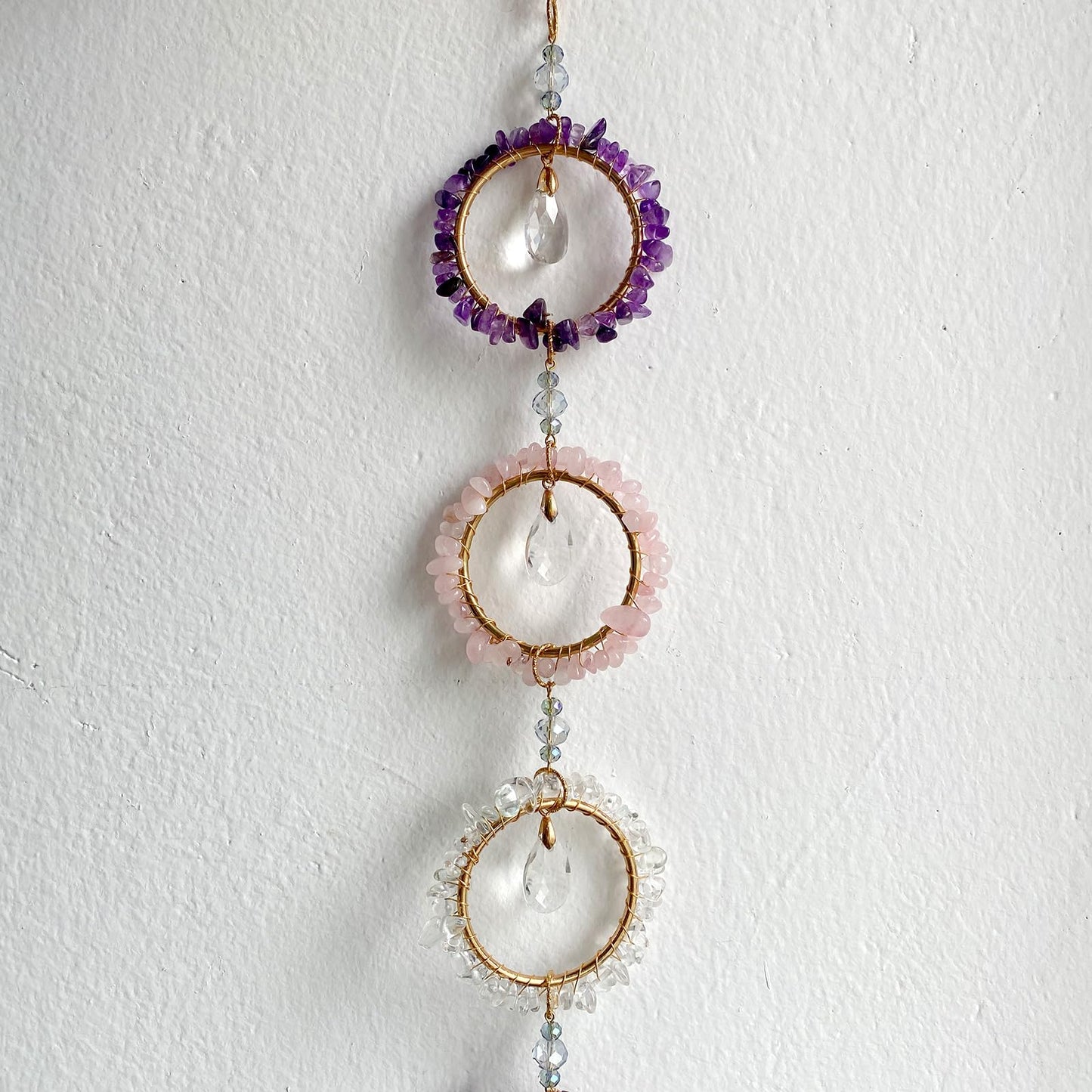 Pendlixy Emotional Healing Crystal Wall Decor Suncatcher, Amethyst Rose Quartz Clear Quartz Emotional Healing Hanging Crystals for Window, Stress Relief Gemstone Wall Hanging Gift
