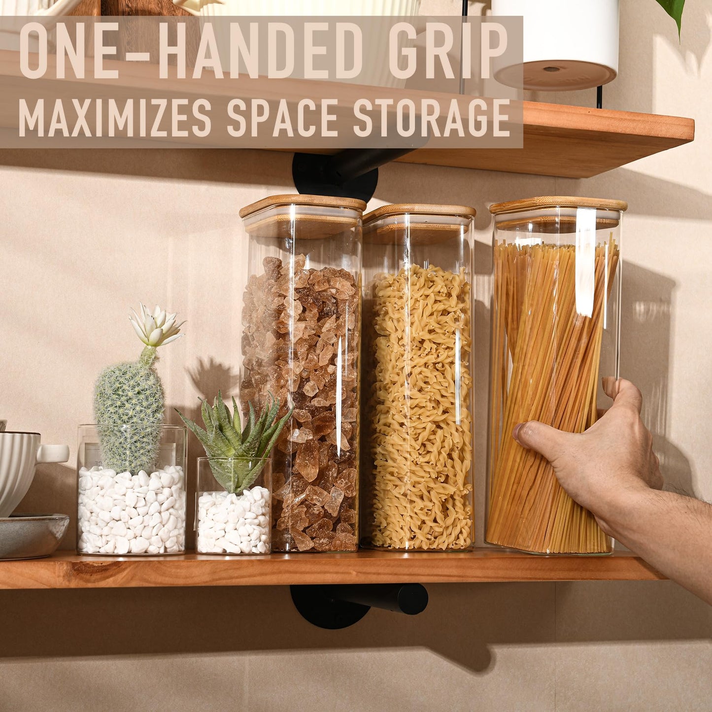 D2scrma 71oz Rectangle Airtight Glass Storage Containers with Bamboo Lids (Set of 3), Square Food Storage Jar, Pantry Organizers for Sugar, Flour, Spaghetti and Coffee beans (‎with Black Lable)