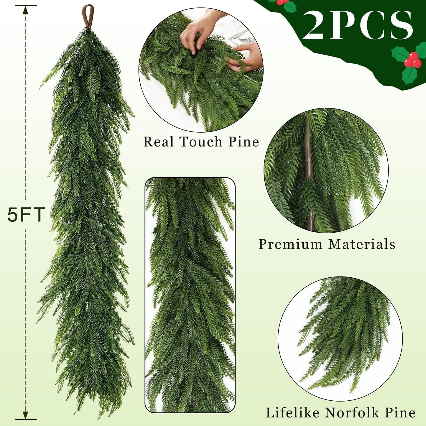 Christmas Norfolk Pine Garlands - 5ft Artificial Garland Faux Green Fake Pine Needles Garland for Fireplace,Table,Window,Stairs,Mante,Holiday Indoor Outdoor Xmas Decor(2PCS)