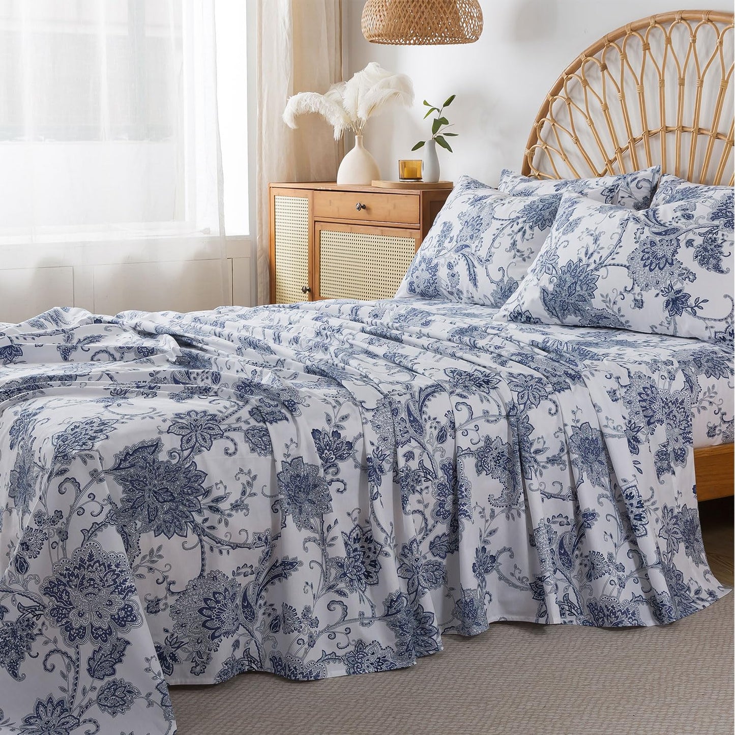 FADFAY Queen Sheets Set Percale Cotton Floral Bed Sheets Deep Pocket Fitted Sheet, Luxury Blue Floral Pattern Classic European Style Bedding for All Season, Super Soft Crisp & Breathe,4Pcs