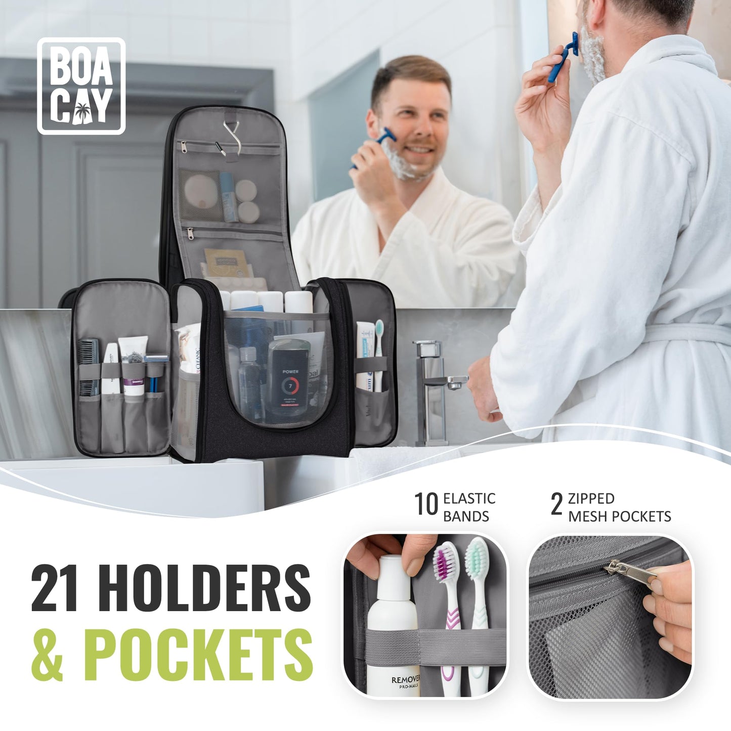 BOACAY Extra Large Hanging Travel Toiletry Bag for Women & Men, Makeup Bag, Shower & Wash Bag, Organiser for Cosmetics, Essentials, Travel Accessories