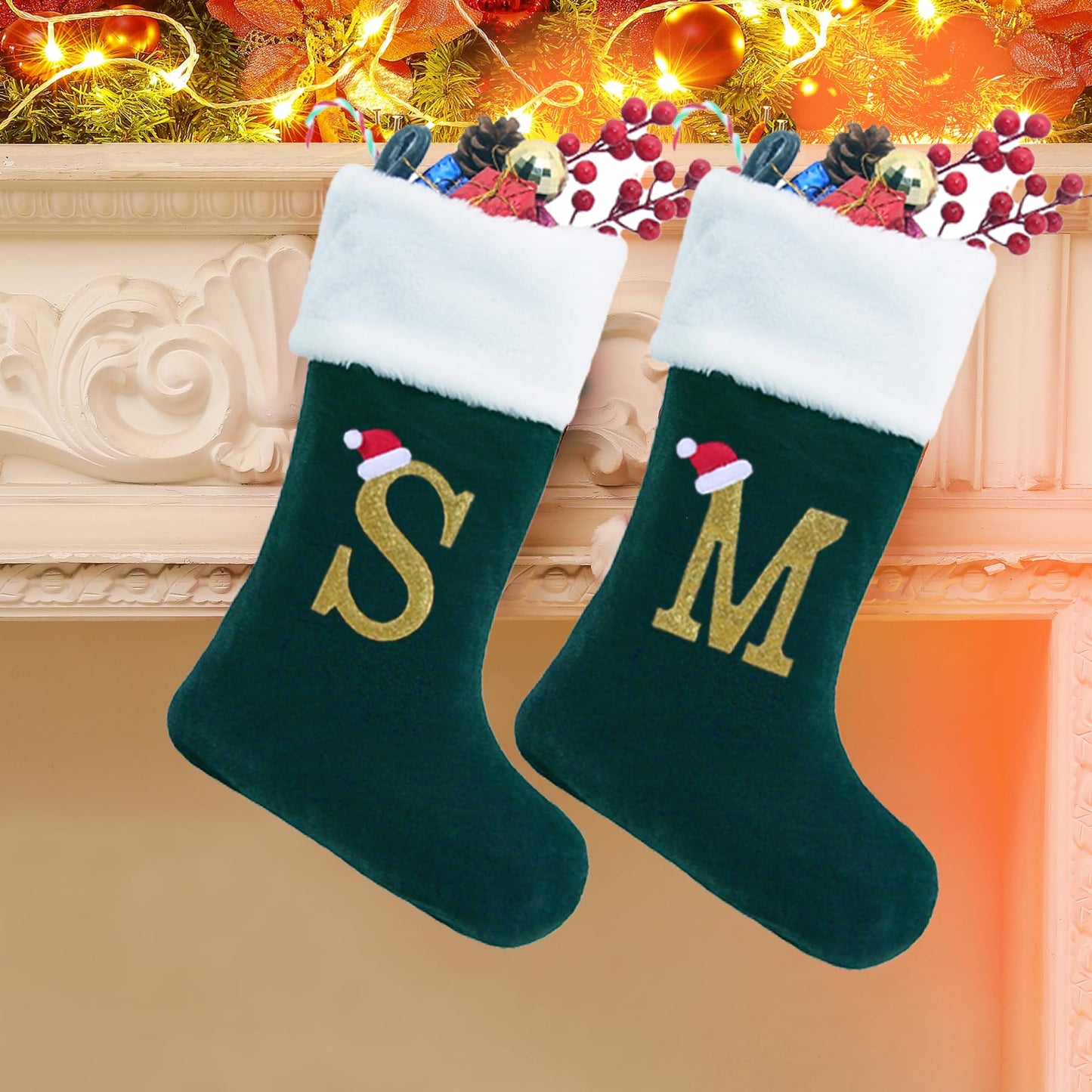 20 Inches Monogram Christmas Stockings with Letters, Large Super Soft Christmas Stockings Blackish Green Velvet with White Super Soft Plush Cuff for Xmas Tree Fireplace Gold Letter R