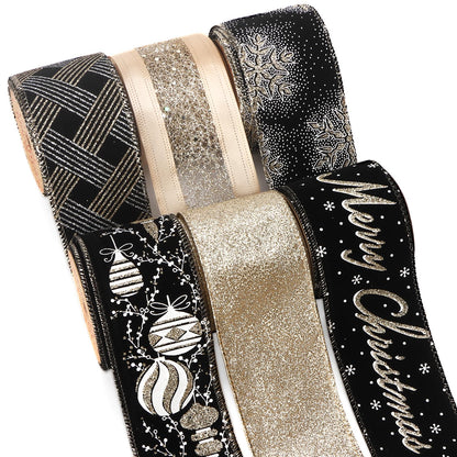 Ribbli Christmas Ribbon Wired Black Champagne Christmas Tree Ribbon Snowflake Glitter Wired Ribbons for Tree Topper Bow Crafts Gift Wrapping Wreaths Garland Home Decor -2.5 Inchx6 Rolls Total 36Yard