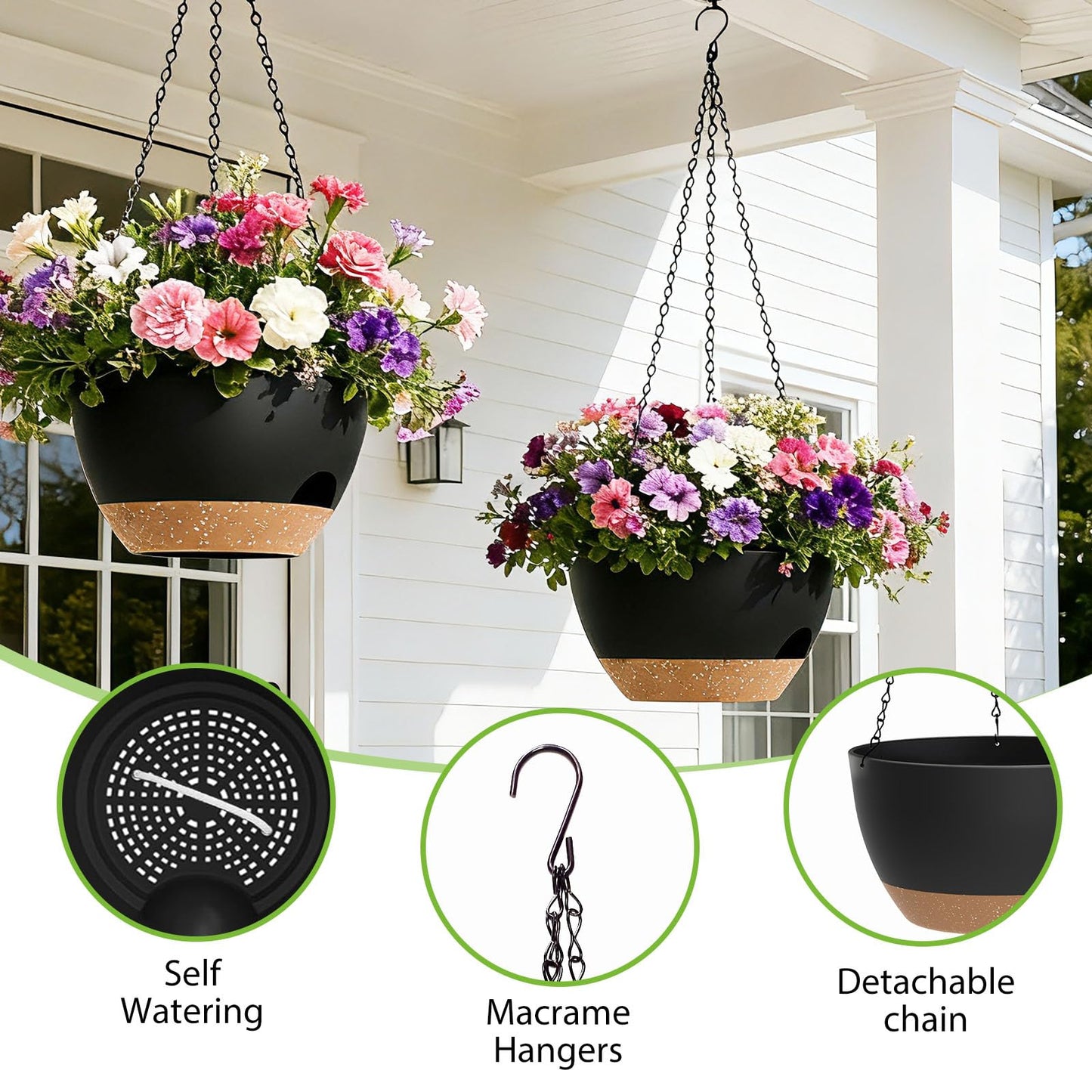SQKH 8 Inch Hanging Planters for Indoor Outdoor Plants, 4 Pack Black Brown Plastic Self Watering Hanging Baskets with Drainage Holes and Chain for Garden Porch
