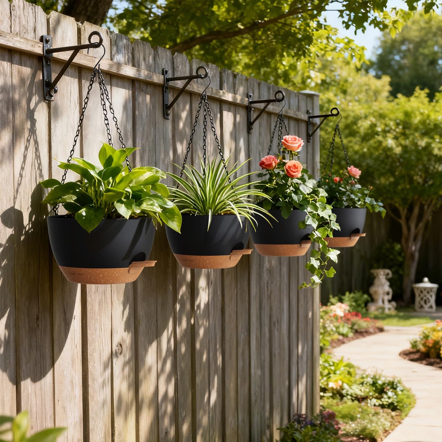 UOUZ 4 Pack 8 Inch Self Watering Hanging Planters for Indoor Outdoor Plants，Hanging Pots for Plants with Drainage Removable Tray, Hanging Baskets Flower Pots for Pothos Spider Garden Black with Brown