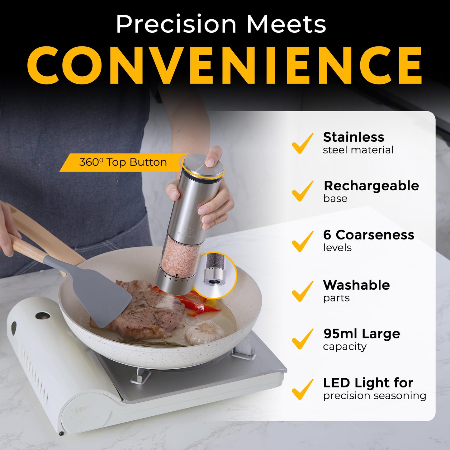 Electric Salt and Pepper Grinder Set Rechargeable Base, Stainless Steel Automatic Electric Salt and Pepper Shakers Set, Led Light, 95ml Capacity Refillable, 6 Coarseness Levels. Kitchen Accessories
