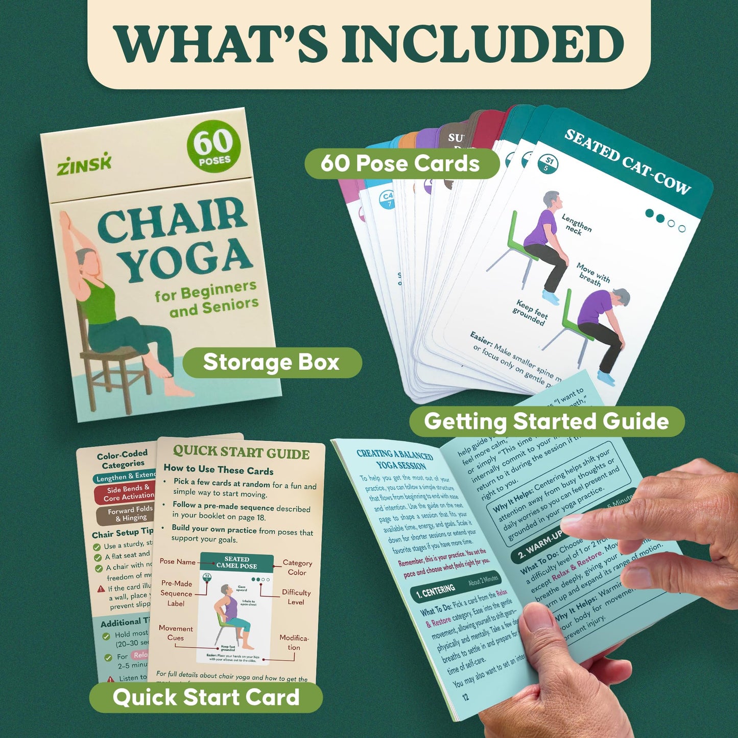 60 Chair Yoga Exercises – Gentle Workouts for Flexibility, Balance & Strength – Big 4″ x 6″ Cards with Step-by-Step Large-Text Instructions – Guidebook & 10 Pre-Made Routines for Seniors & Beginners