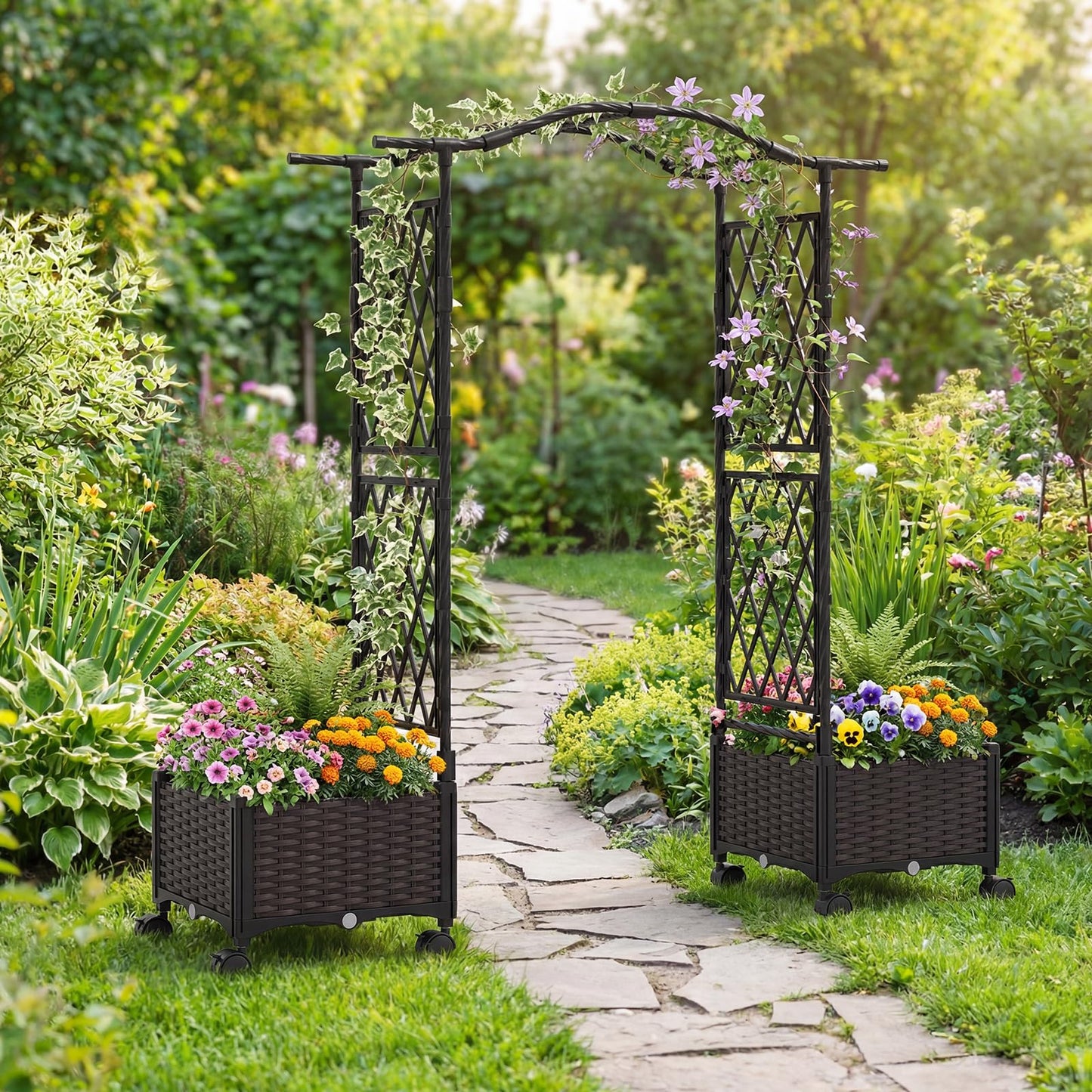 Giantex Planter Boxes with Arch Trellis, 5FT Self-Watering Tall Raised Garden Bed w/Wheels, Hanging Roof & Drainage Holes, Outdoor Indoor Tomato Planter for Climbing Vines Vegetables (60"x16"x58")