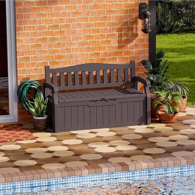 Patiowell 75 Gallon Plastic Storage Bench, Water-Resistant Deck Box for Patio Furniture, Garden Tools, Pool Storage and Outdoor Cushions, Brown