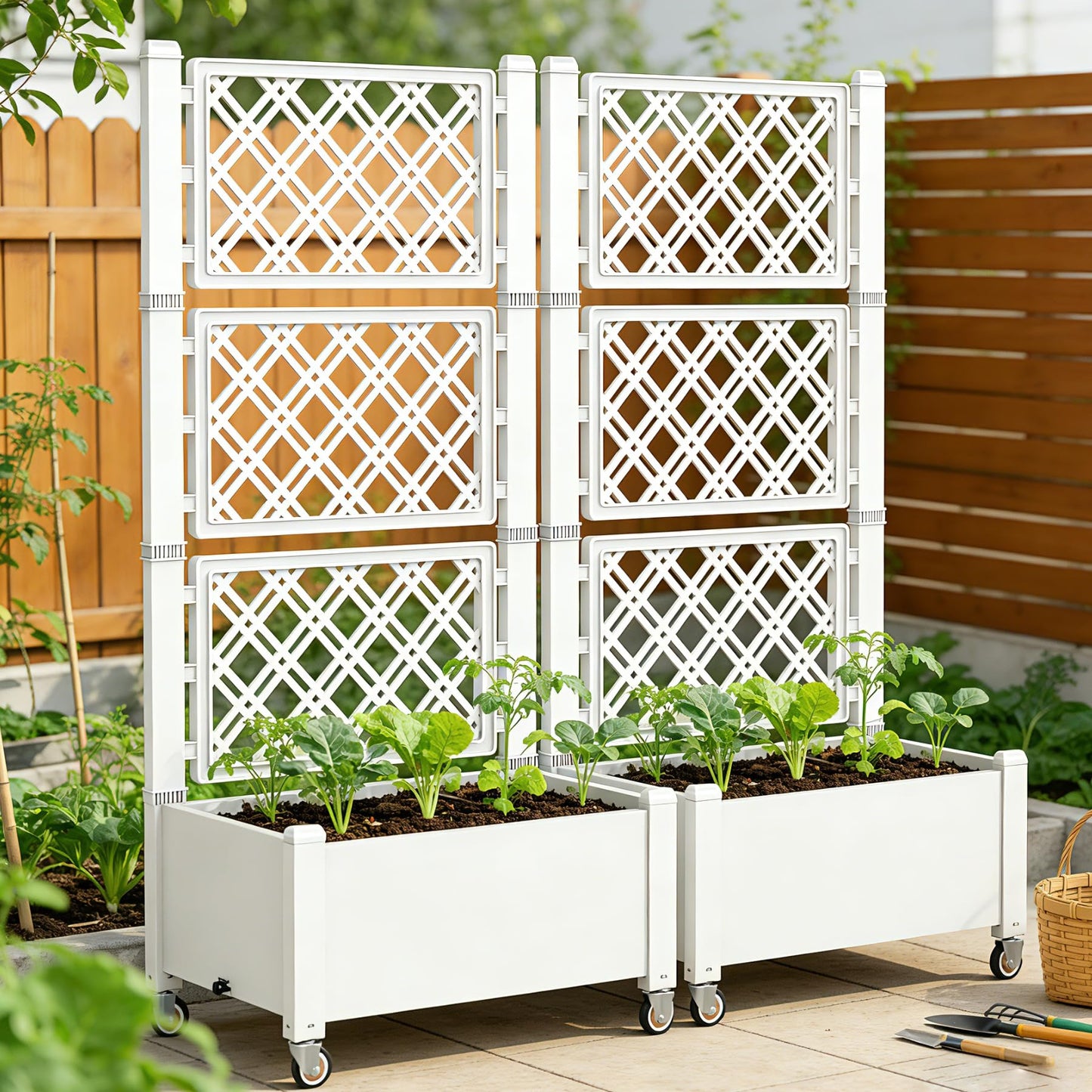 Miory 60" Raised Garden Bed with Trellis & Wheels, Vertical Gardening Planter Box with Water Level Indicator and Drainage System for Garden Outdoor Patio Balcony