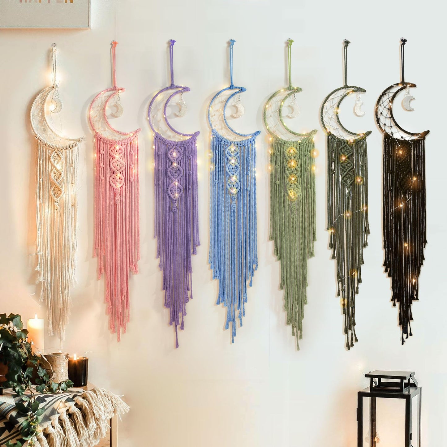 Boho Macrame Woven Wall Hanging for Kids, Crochet Crescent Moon Star Dream Catcher with Long Tasselt, Olive Cotton Handmade Bohemian Home Decor Decoration for Nursery Bedroom Dorm Room