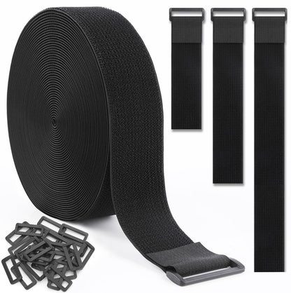 GDSZ LAERSI 1.5In x 20Ft Cinch Straps Nylon Heavy Duty with 25 Buckles, Cut to Length, Black Hook and Loop Straps, Reusable Long Cable Ties for Storage and Cord Organizer
