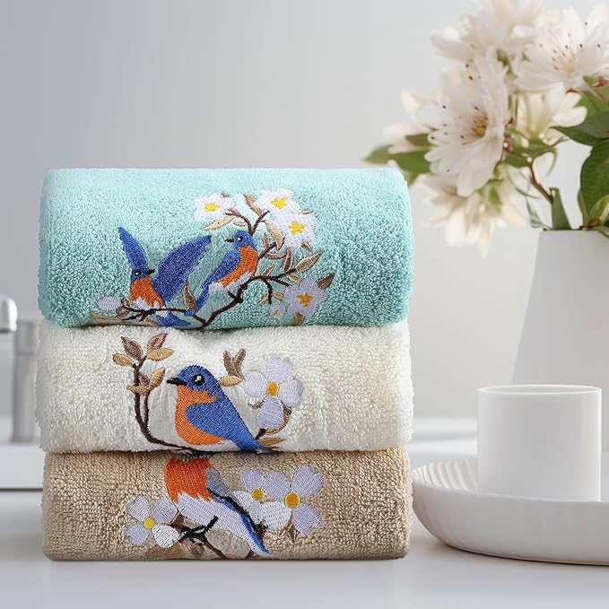 Bird Floral Hand Towels Farmhouse White Light Brown Turquoise Bird Bathroom