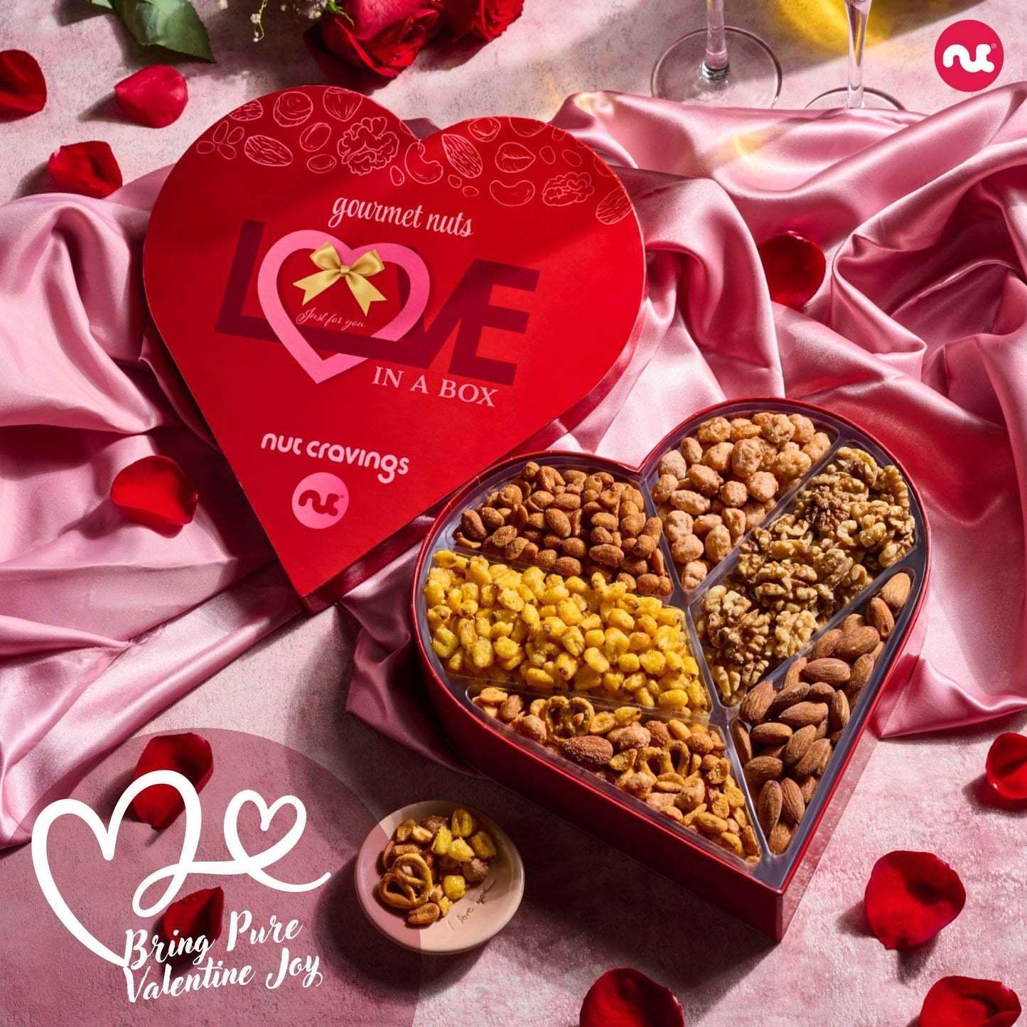 NUT CRAVINGS - Valentines Day Mixed Nuts Heart Shaped Gift Basket, Love in A Box (6 Assortments, 2 LB) Romantic Food Arrangement, Healthy Snack Care Package, Food Assortments