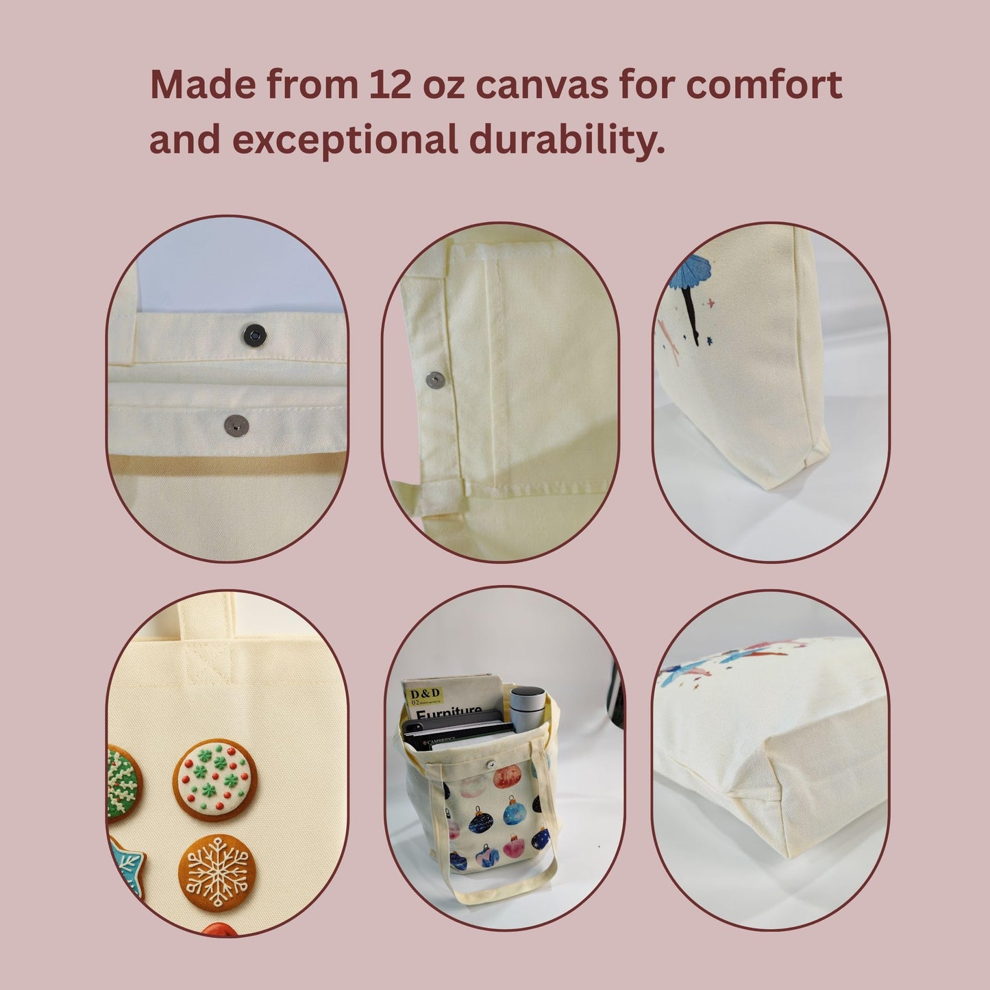 Zenloria Christmas Canvas Tote Bags – 2 Pack Holiday Cotton Totes 15x16, Cookie & Ornament Designs, Reusable Gift & Shopping Bags