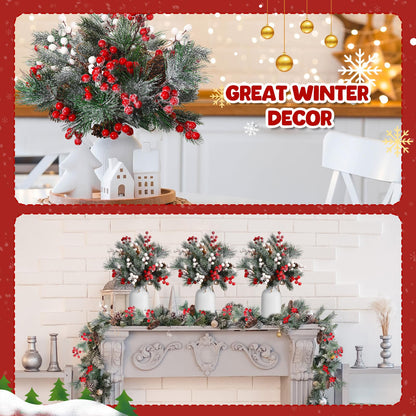Blosssound 36 PCS Christmas Artificial Pine Branches with Snow Spray Red Berry Stems Pine Needles Faux Pine Picks Snow Floral Pine Cones for DIY Crafts Christmas Tree Garland Wreath Holiday Decor