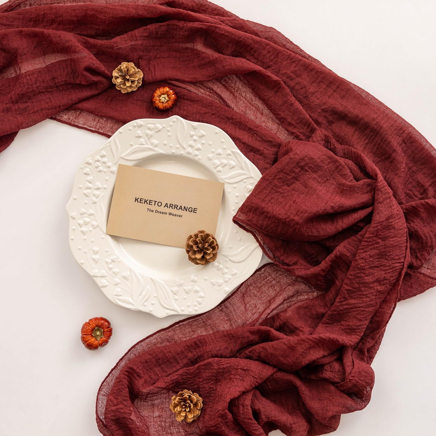 Keketoarrange Burgundy Christmas Table Runner Decor Red Cheesecloth Gauze 120 Inch 10 FT Rustic Boho Cheese Cloth Runner for Wedding Baby Bridal Shower Party Long Sheer Home Christmas Decorations