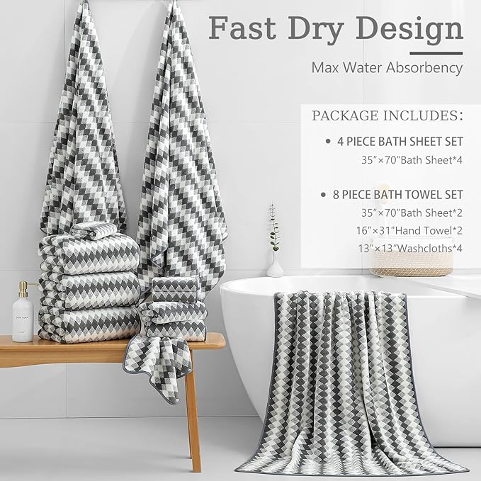 8 Piece Bathroom Towel Set Dark Grey|2 Oversized Large Bath Towels Sheet