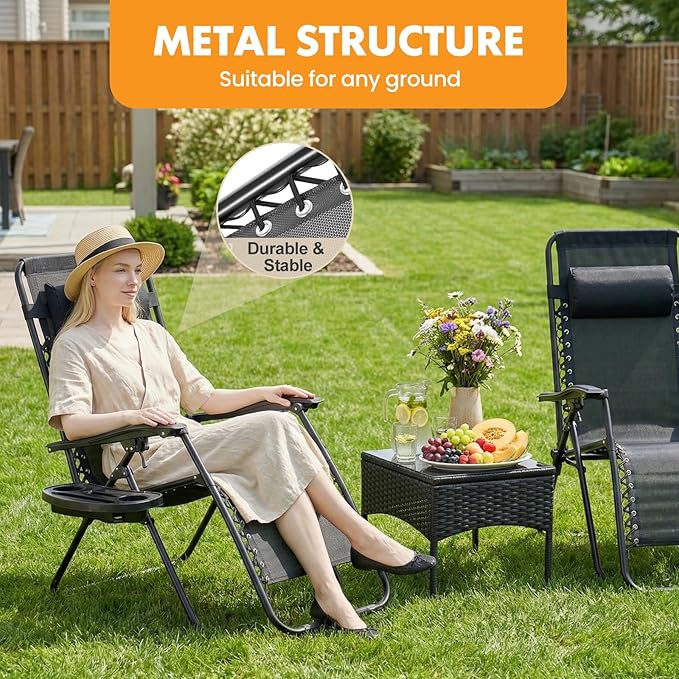 NEWBULIG Zero Gravity Chair Set of 2, Lounge Chair Folding Portable Adjustable Camping Reclining Chairs with Adjustable Pollow, Mesh Back, Cup Holder Trays Lawn Patio Chair for Pool Beach - Black