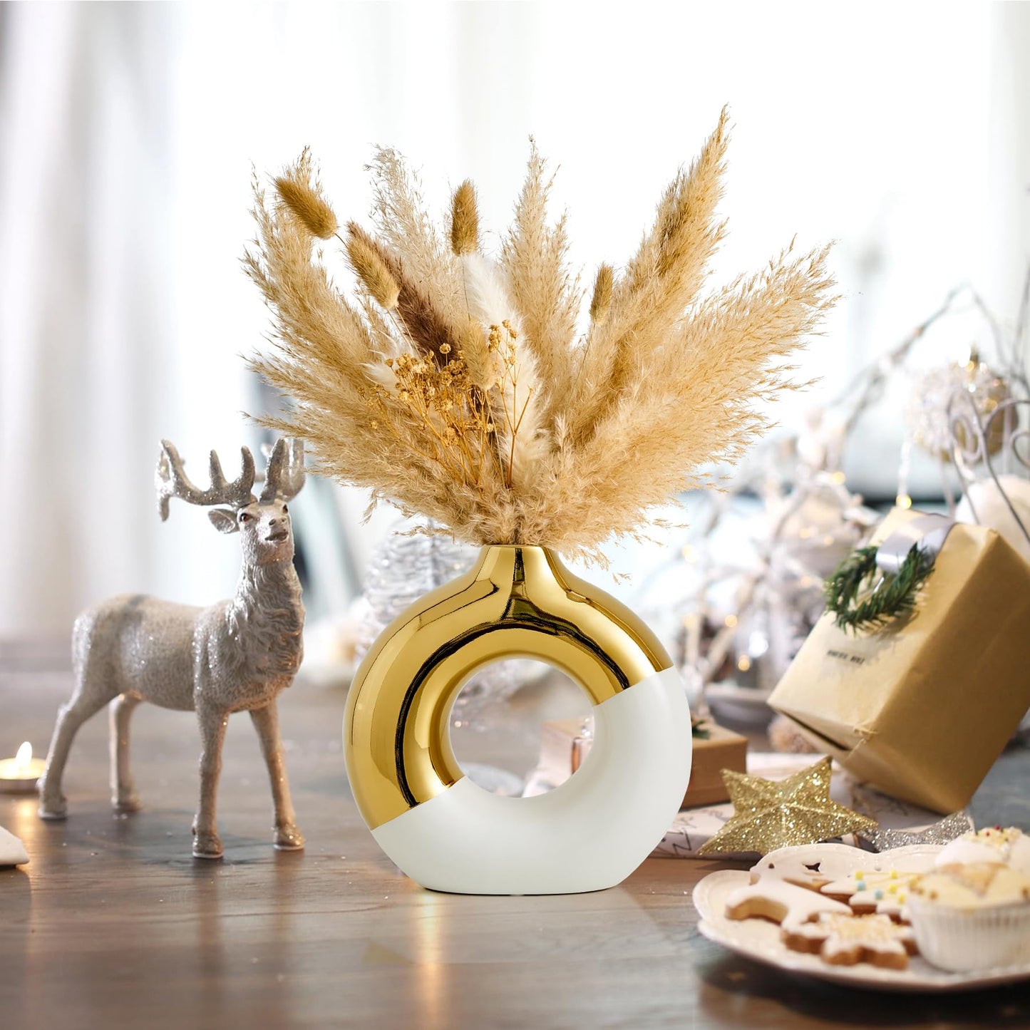 FJS Ceramic Donut Vase, 8" L x 8" H White and Gold Round Vase for Pampas Grass, Nordic Modern Vases for Decor, Ceramic Vase Centerpieces for Wedding, Bedroom, Living Room, Coffee Table, Office