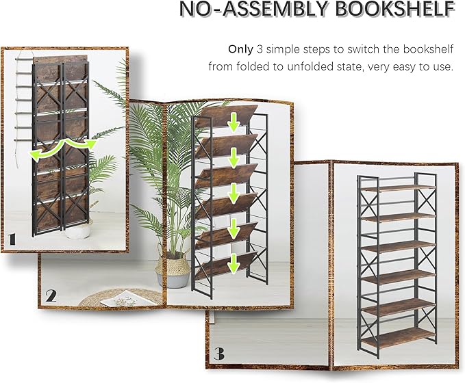 4NM 6 Tiers No Assembly Book Shelves, 61.8" H Folding Bookshelf Bookcase Open