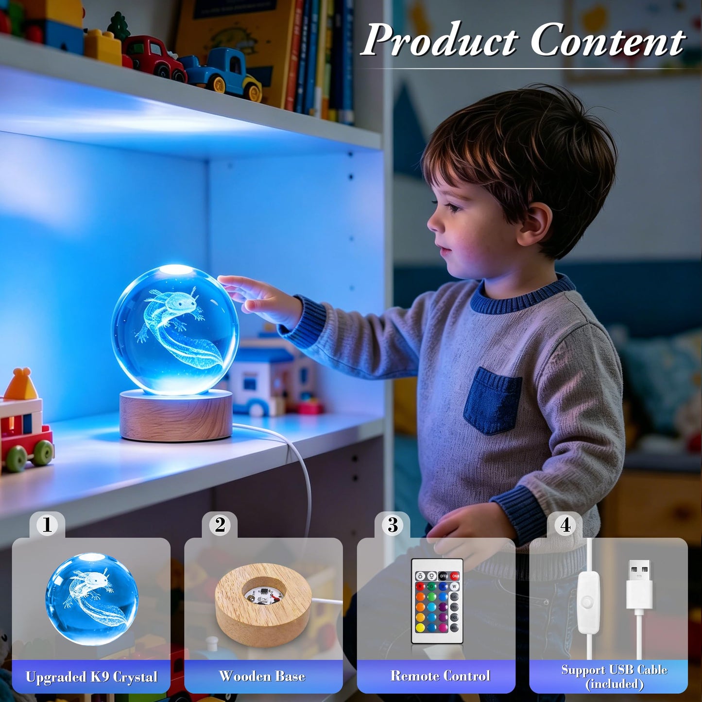 Ddlisu Axolotl Night Light, 3.15 inch 3D K9 Crystal Ball Lamp, 16 Colors Change, Wooden Base, Axolotl Lamp with Remote Control, Birthday Holiday Gifts for Boys Girls Friends