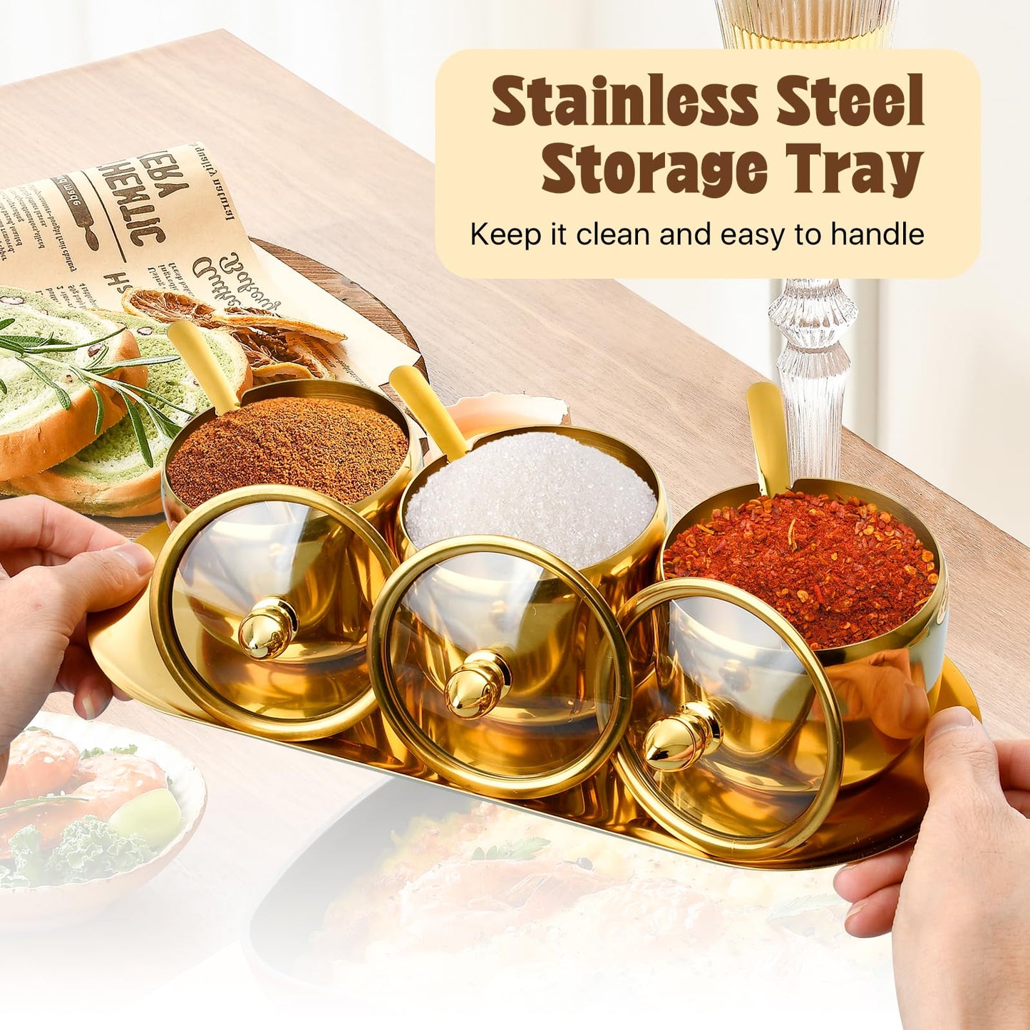 Akamino Set of 3 Stainless Steel Sugar Container with Glass Lid and Spoon, Gold 10oz Seasoning Jar Condiment Pots with Serving Tray, Kitchen Canisters Set for Pepper, Salt, Spice, Candy