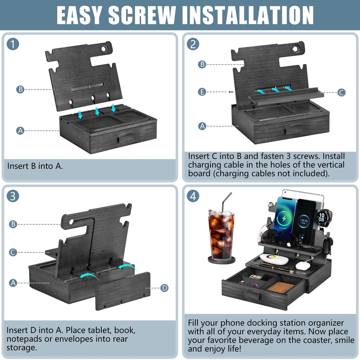 Black Wood Phone Docking Station for up to 3 Phones - Nightstand Organizer for Men & Women, Compatible with Apple Watch, Holds Phones, Tablets, Keys, Rings, Glasses, Watches, EDC & More