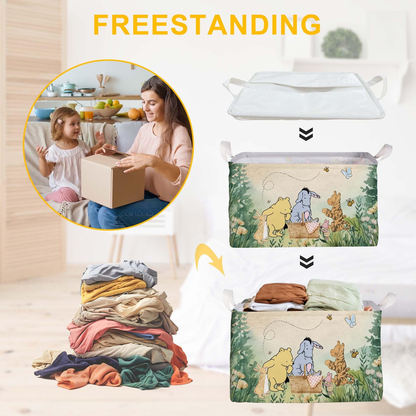 ZsaTuiy Winnie Nursery Decor, the Pooh Baby Stuff, Winnie Storage Nursery Basket, Large squarecanvas Laundry Hamper With A Waterproof PECoating, Foldable, Toys Bin, Baby Nursery HamperDecor, Classic