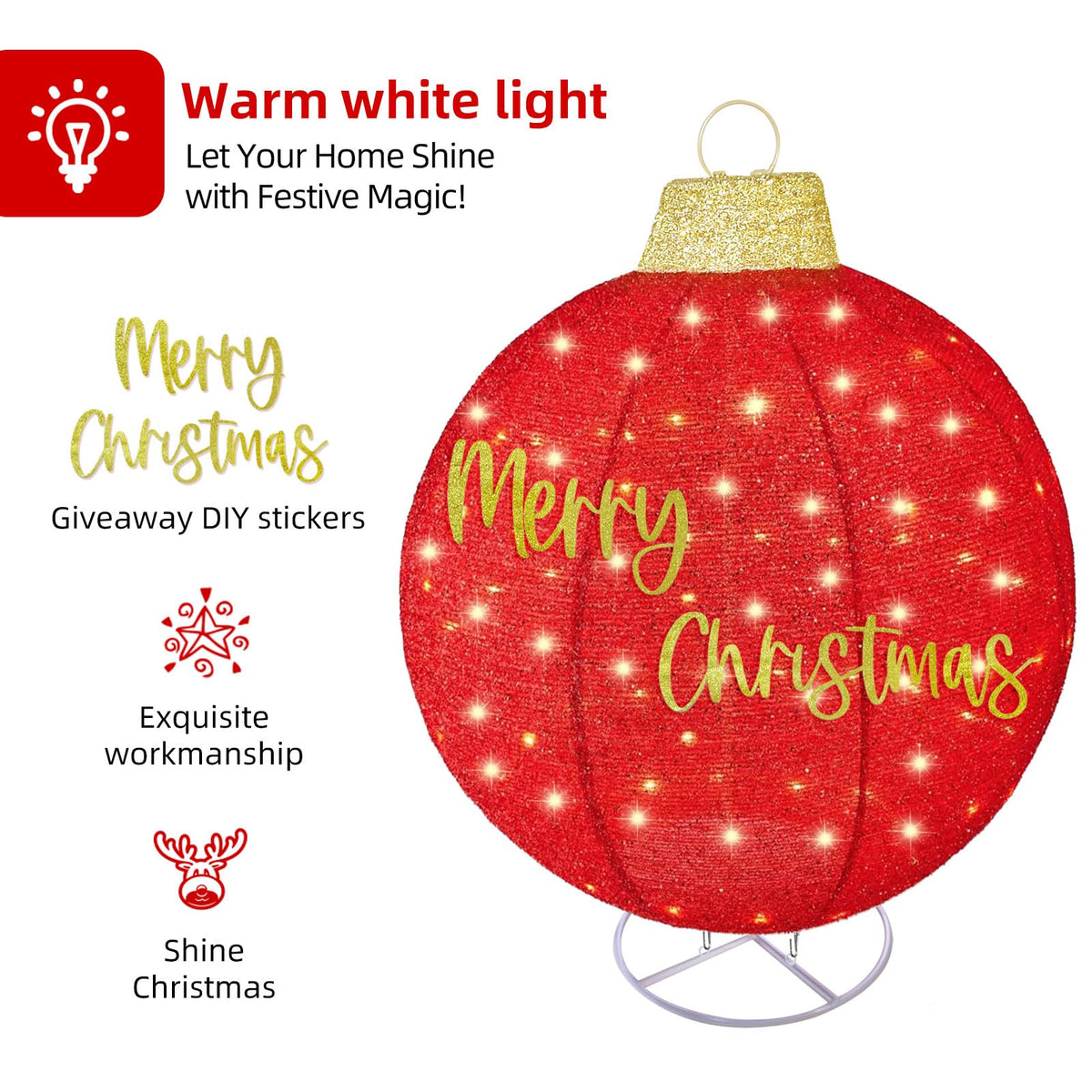 HOYECHI 4-Piece Oversized Christmas Ornament Set – Lighted Holiday Balls with 400 LEDs, 8 Lighting Modes, Waterproof Outdoor Yard Decorations - Red/Green/White/Yellow
