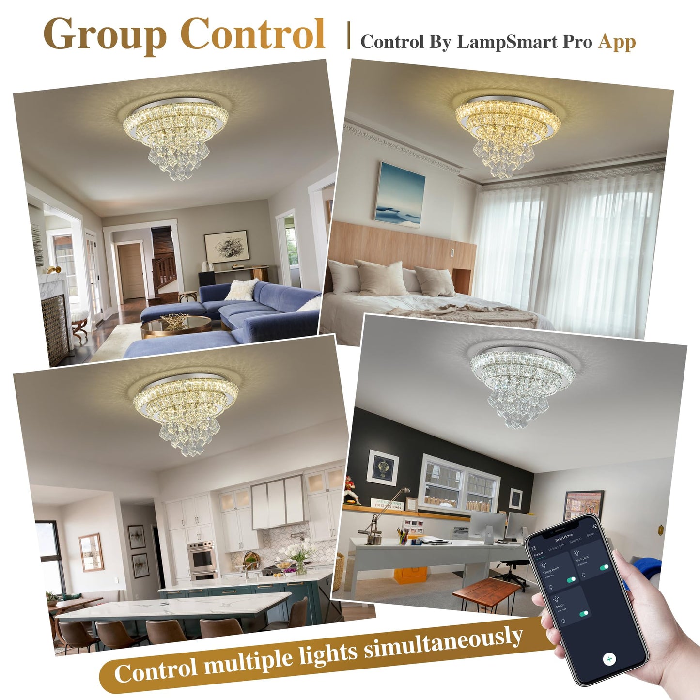OSGNER 18" Sliver Modern Chandelier with Remote/APP,Flush Mount Crystal Ceiling Light,3-Color LED Dimmable for Living Room Kitchen Dining Room Hallway -Luxury Raindrop Style